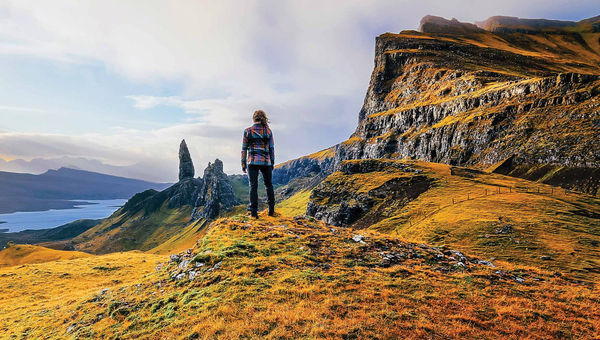 The Old Man of Storr, a rugged rock formation on the Isle of Skye, overlooks the Sound of Raasay.