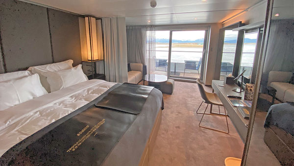 A stateroom on the Eclipse. The ship carries a maximum of 199 passengers for Antarctica sailings. All rooms have balconies and butler service, among other amenities.