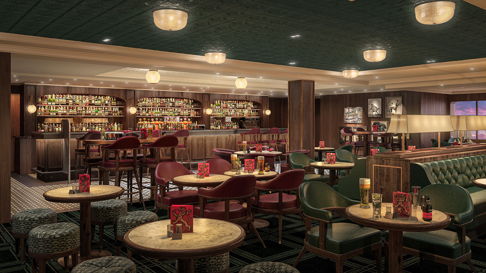 The newly refined Golden Lion pub is one of the 15 restaurants onboard.