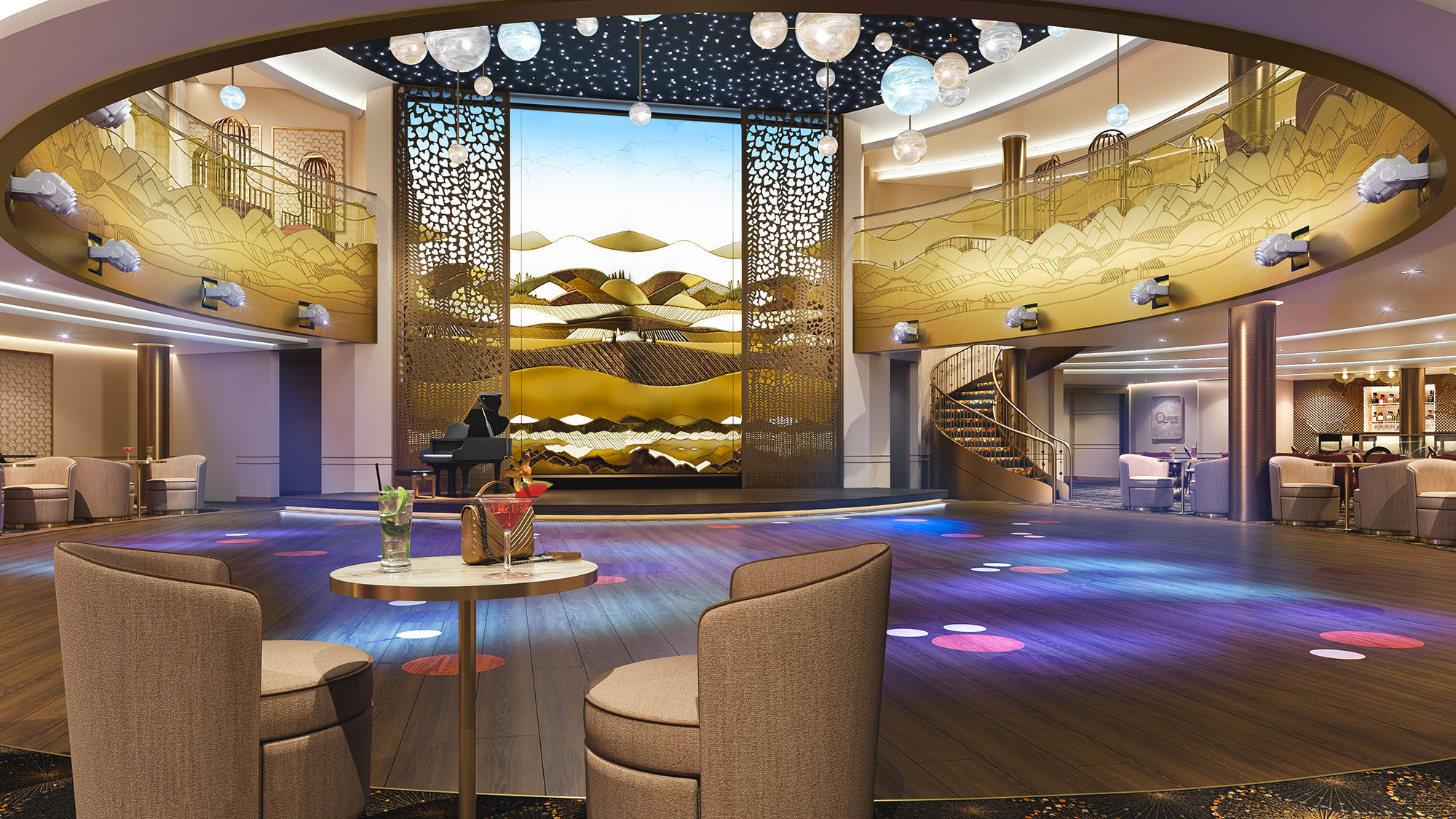 A rendering of the Queens Room, the ballroom aboard the Queen Anne.