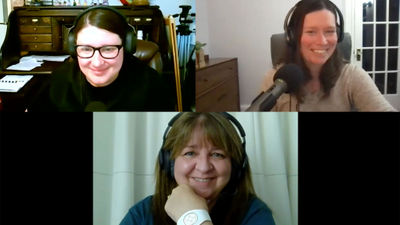 Clockwise from top left: Jamie Biesiada and Rebecca Tobin of Travel Weekly and Beci Mahnken of MEI Travel talk about the Star Wars: Galactic Starcruiser experience at Walt Disney World.