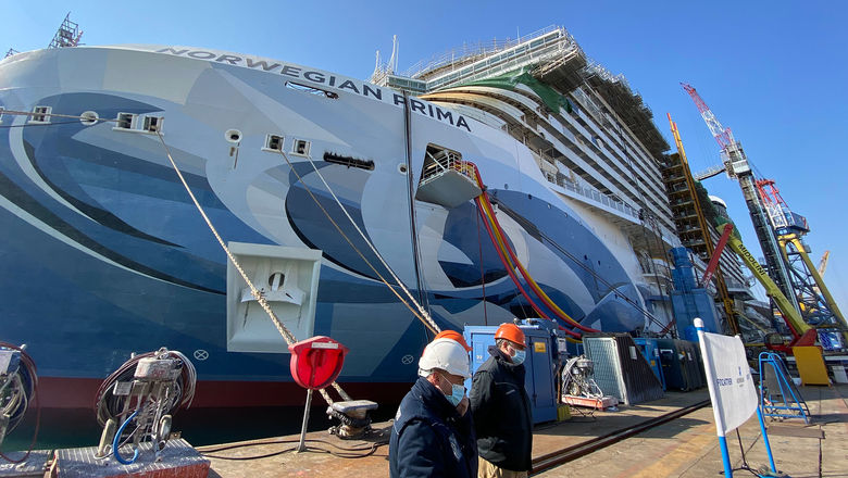 The Norwegian Prima under construction in Italy in March. The ship's first cruise has been canceled.