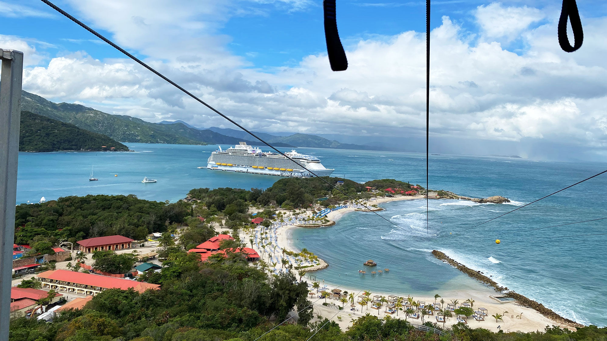The author prepares to ride the zipline at Labadee.