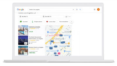 A screenshot displaying Google's free hotel booking links feature, which allows hotel and travel partners to display real-time hotel pricing and availability for specific dates.