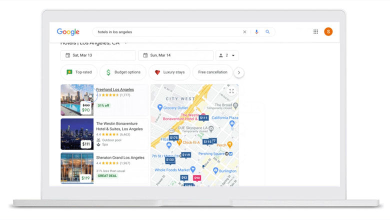 A screenshot displaying Google's free hotel booking links feature, which allows hotel and travel partners to display real-time hotel pricing and availability for specific dates.