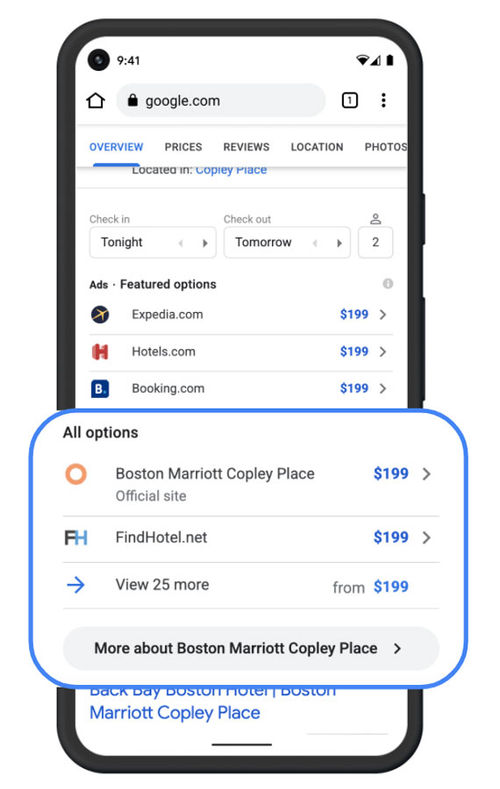 Google's free hotel booking links feature on a cellphone. Google's free hotel booking links feature on a cellphone.