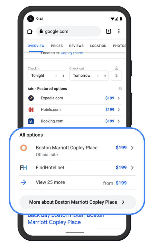 Google's free hotel booking links feature on a cellphone.