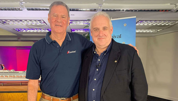 Former Carnival Cruise Line CEO Gerry Cahill (left) with brand ambassador John Heald.