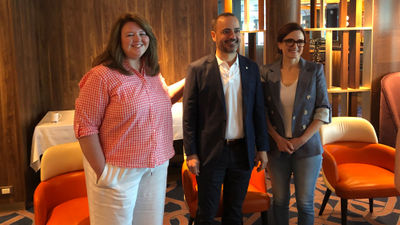 Holland America Line executives gave a presentation to travel advisors on the Rotterdam. From left, vice president of marketing Kacy Cole, president Gus Antorcha and vice president of North America sales Michelle Sutter.