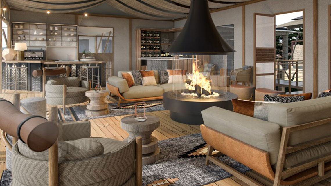 A rendering of the bar and lounge at the JW Marriott Masai Mara Lodge.