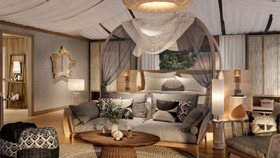 A rendering of a Junior Suite Tent Bedroom at the JW Marriott Masai Mara Lodge.