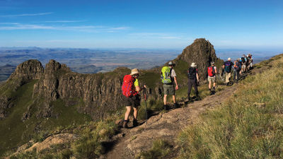 Hiking in the northern Drakensberg Mountains around the Witsieshoek Mountain Lodge.