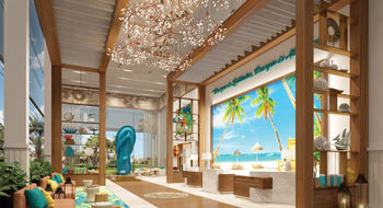 The Margaritaville brand's iconic blue sandal in the lobby area of the Margaritaville Island Reserve Cap Cana in the Dominican Republic.