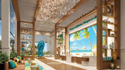 The Margaritaville brand's iconic blue sandal in the lobby area of the Margaritaville Island Reserve Cap Cana in the Dominican Republic.