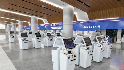 Delta's new check-in lobby at LAX has 46 check-in positions and 32 self-service kiosks.