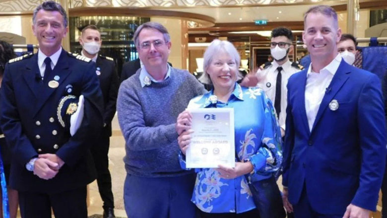 Princess president John Padgett (right) welcomed the Discovery Princess' first guests, loyal customers Michael and Sally Smith.