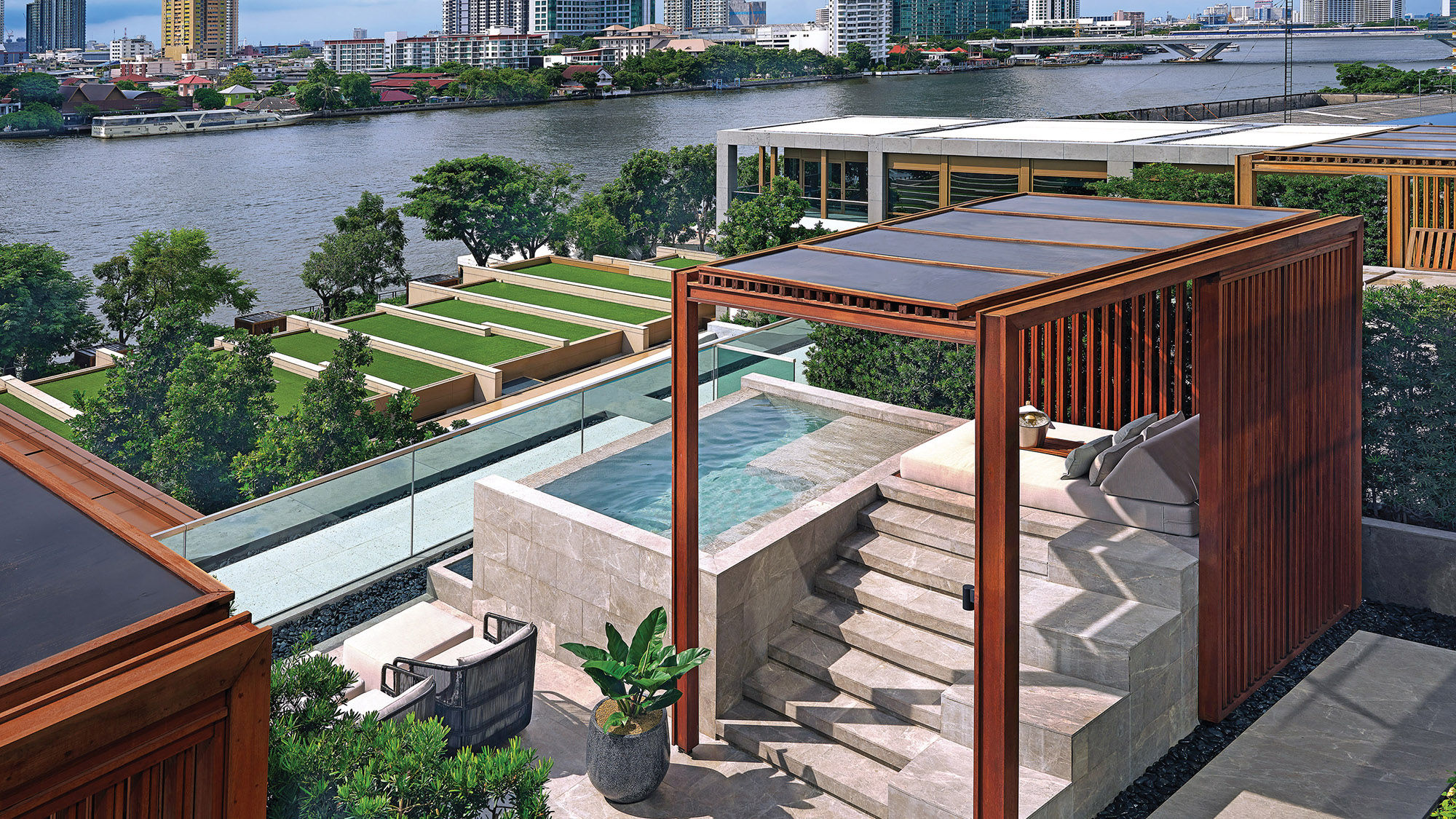 Veranda suites at the Capella Bangkok feature plunge pools and views of the Chao Phraya River.
