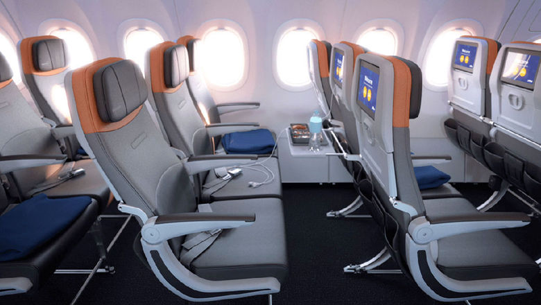 The coach cabin of JetBlue's Airbus A321LR plane.