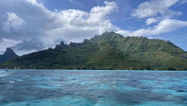 The commute to a lagoon for a snorkel excursion included views of Moorea. The commute to a lagoon for a snorkel excursion included views of Moorea.