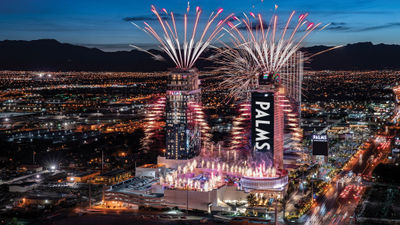 An exterior shot of the Palms Casino Resort with fireworks. The Las Vegas resort underwent a $600 million-plus refresh in 2019 before closing in March 2020 because of the pandemic.