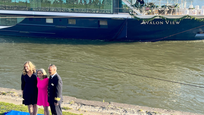 Avalon View godmother Meredith Vieira is flanked by Avalon Waterways president Pam Hoffee and Capt. Ambrose Manolache at the ship's christening.
