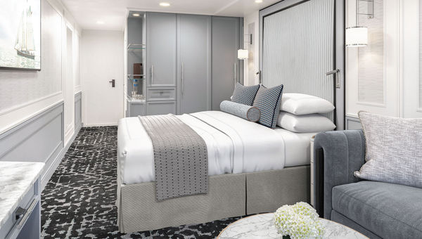 A rendering of a refurbished Concierge Level Veranda stateroom. A rendering of a refurbished Concierge Level Veranda stateroom.