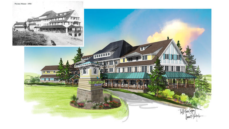 A rendering of the Margaritaville Hotel Pocono Mountains, which will be modeled after the Pocono Manor.