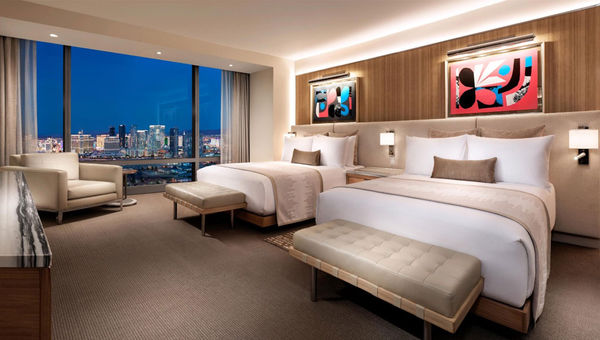 A queen room at the Palms, which reopens on April 27 after a closure of more than two years.