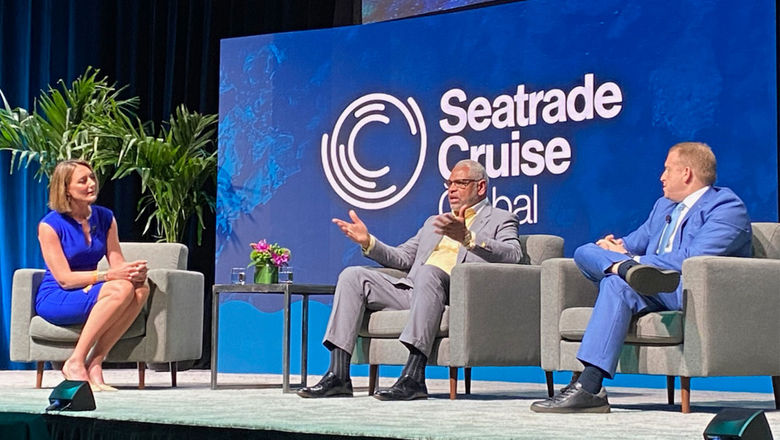 At Seatrade (from left), BBC news anchor Lucy Hockings, Carnival Corp. CEO Arnold Donald and Royal Caribbean Group EO Jason Liberty.