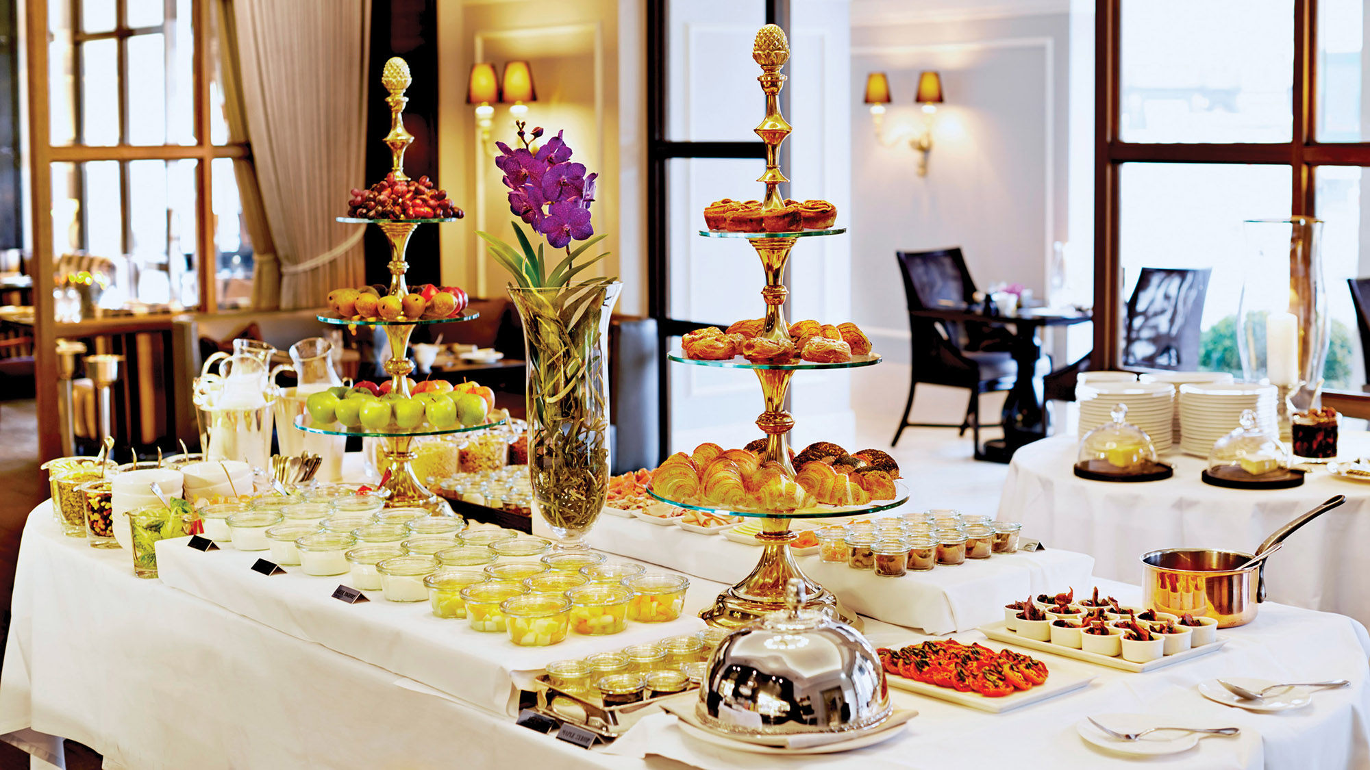 The breakfast buffet at Marchal in D'Angleterre includes fresh fruit, pastries and eggs prepared 10 different ways.