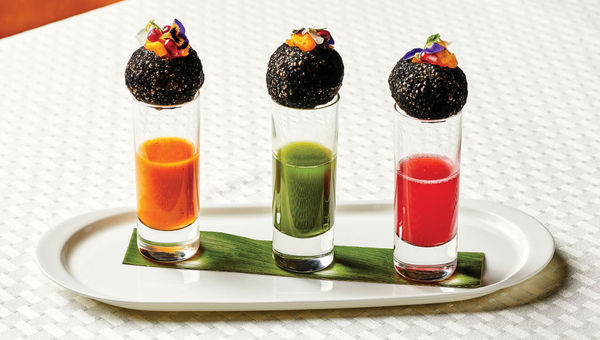 Pani puri shots, a dish created by chef Sanjay Rawat. The Ritz-Carlton Laguna Niguel launched an Indian wedding culinary program to meet increased demand for Indian weddings.