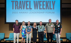 Travel Weekly editor in chief Arnie Weissmann, left, and wholesaler leadership at the Hawaii Leadership Forum: Kama Winters, Delta Vacations; Louis de Joux, American Airlines Vacations; Melissa Krueger, Classic Vacations; Jack Richards, Pleasant Holidays; Ray Snisky, Apple Leisure Group; and John Van den Heuvel, Gogo Vacations.