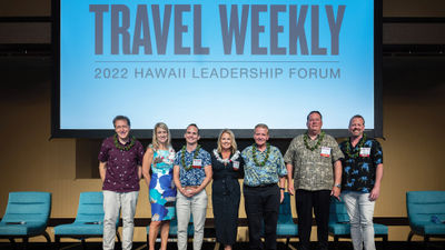 Travel Weekly editor in chief Arnie Weissmann, left, and wholesaler leadership at the Hawaii Leadership Forum: Kama Winters, Delta Vacations; Louis de Joux, American Airlines Vacations; Melissa Krueger, Classic Vacations; Jack Richards, Pleasant Holidays; Ray Snisky, Apple Leisure Group; and John Van den Heuvel, Gogo Vacations.