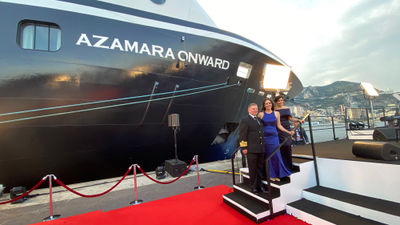 From left, Captain Carl Smith, Godmother Beth Santos and Azamara president Carol Cabezas stand in front of the Azamara Onward after the ship's naming on May 2.