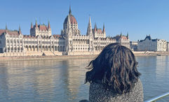 The Hungarian Parliament Building on the Pest side of Budapest on the Danube.