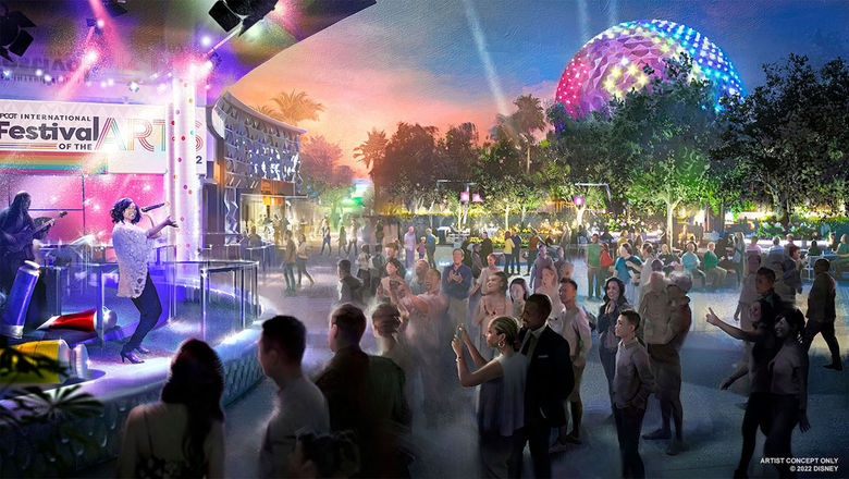 A rendering of a performance at Epcot's CommuniCore Plaza.