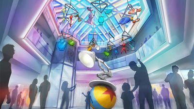 A rendering of the lobby at Disney’s Paradise Pier Hotel featuring Pixar's desk lamp mascot.