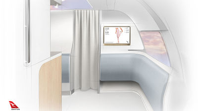 Each Qantas A350-1000 will have a Wellbeing Zone, shown here in a rendering, where passengers can stretch with the help video displays during ultralong-haul flights such as New York-Sydney.