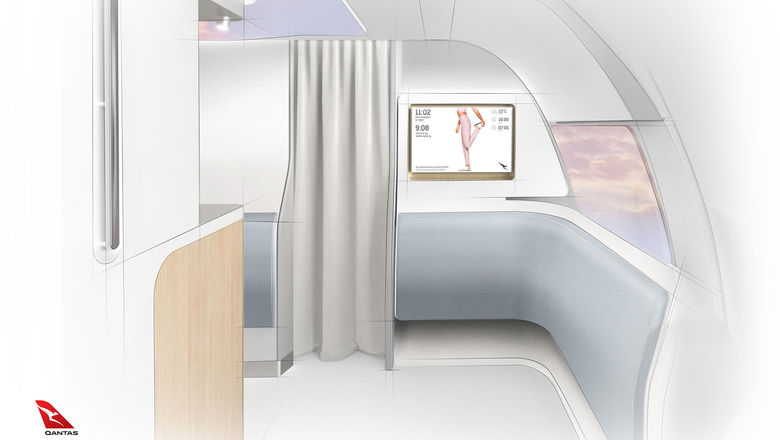 Each Qantas A350-1000 will have a Wellbeing Zone, shown here in a rendering, where passengers can stretch with the help video displays during ultralong-haul flights such as New York-Sydney.