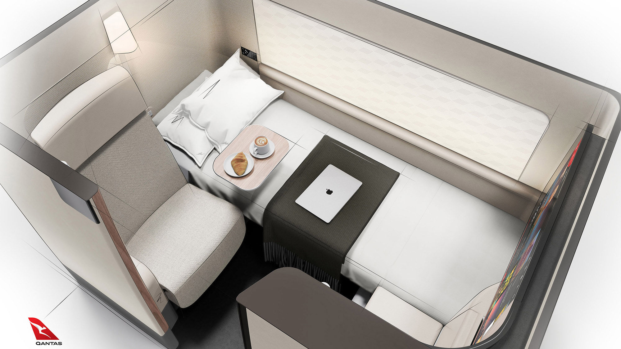 Qantas will equip its Airbus A350-1000s with six first-class suites, shown here in a rendering.