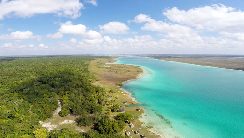 An aerial view of Mexico’s Bacalar Lagoon region, located in the southern part of Quintana Roo.