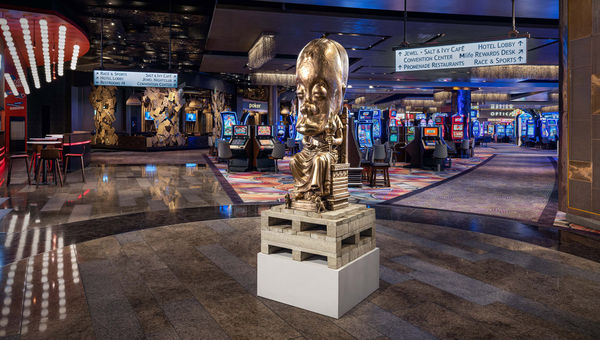 A smaller-scale version of Sanford Biggers' bronze "Oracle" has been placed near the Bellagio Gallery of Fine Art. A smaller-scale version of Sanford Biggers' bronze "Oracle" has been placed near the Bellagio Gallery of Fine Art.