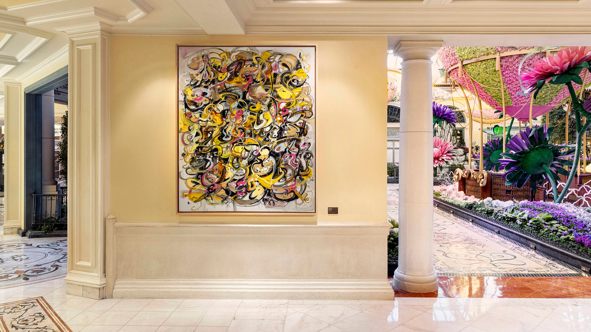 Tomas Esson's "Quimera" hangs just outside the Bellagio Conservatory & Botanical Gardens.