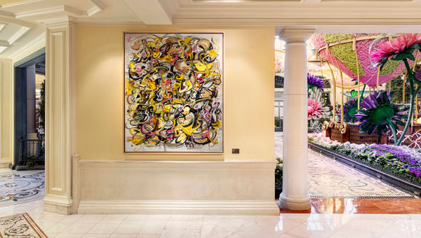 Tomas Esson's "Quimera" hangs just outside the Bellagio Conservatory & Botanical Gardens.