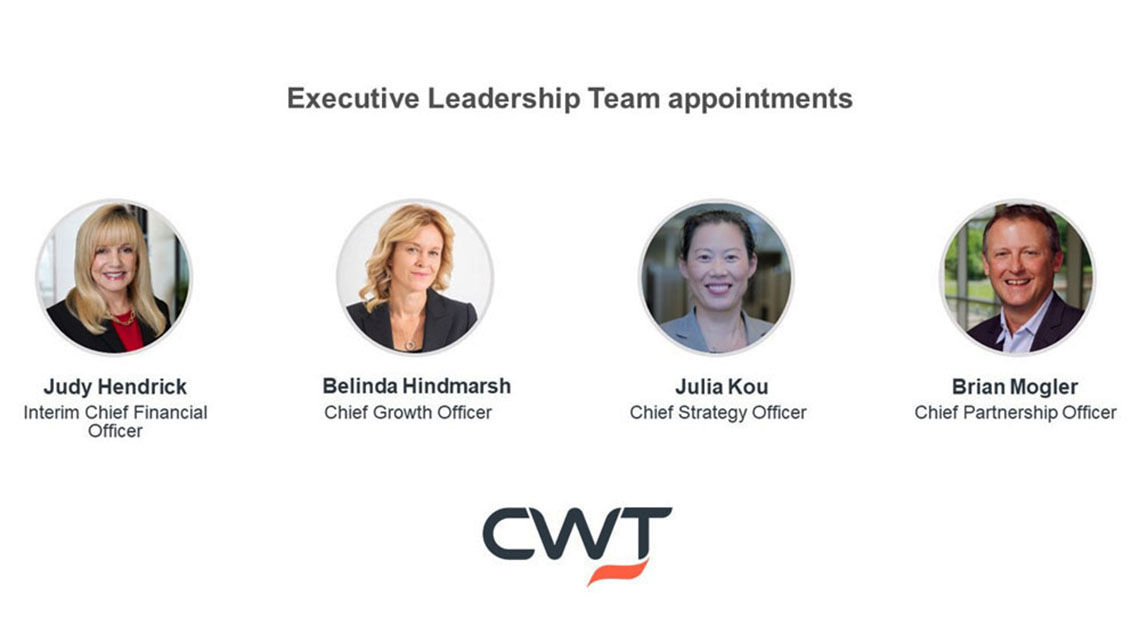 CWT has named Belinda Hindmarsh its chief growth officer, Brian Mogler its chief partnership officer and Judy Hendrick its interim CFO. They join join CWT chief strategy officer Julia Kou in being elevated to the TMC's executive leadership team.