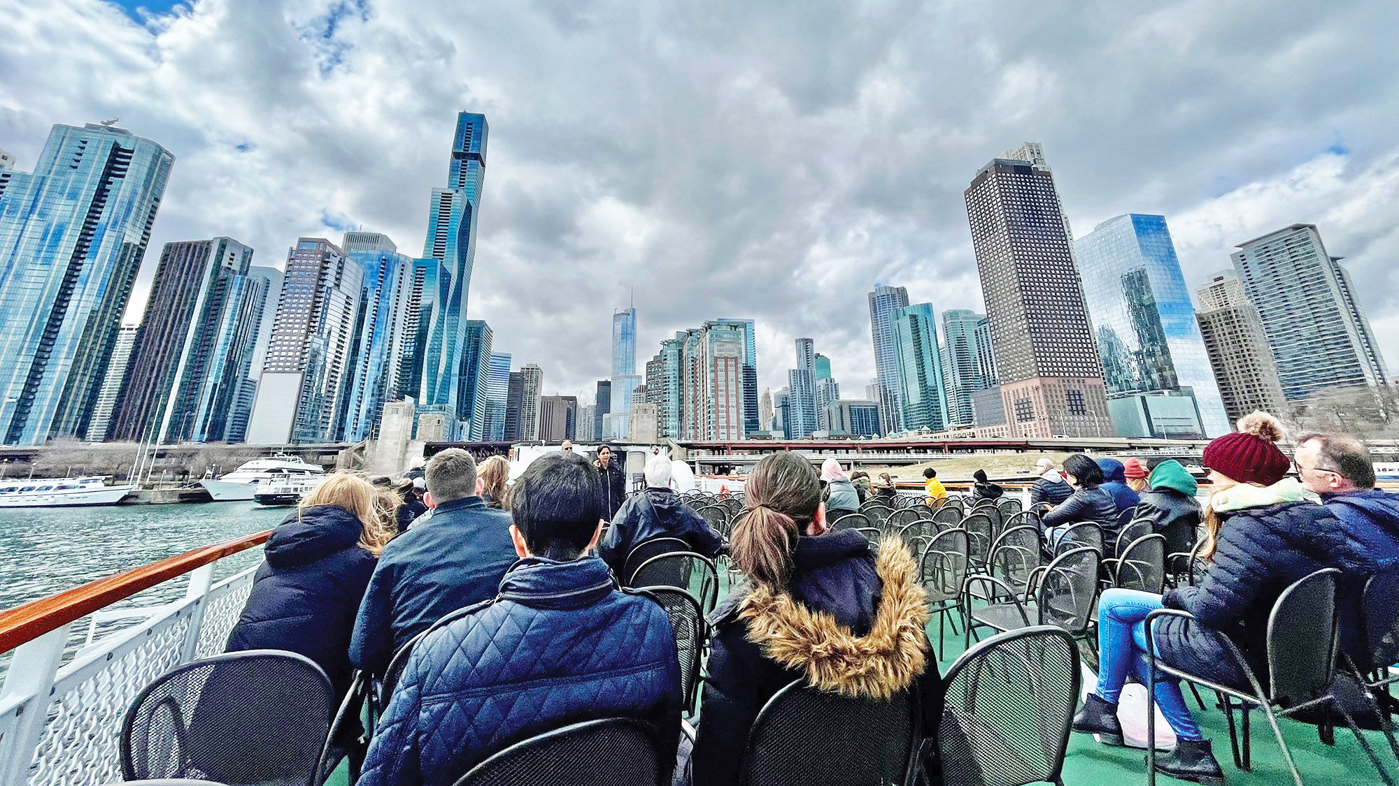 Guests take in the Chicago skyline from one of First Lady Cruises' ships.