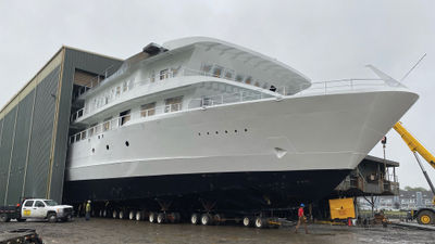The American Melody hull rolls out at Chesapeake Shipbuilding, a company owned by the Robertson family in Salisbury, Md.
