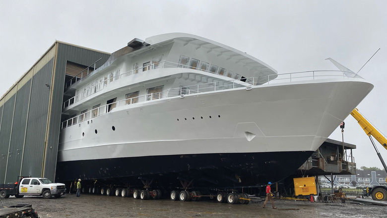 The American Melody hull rolls out at Chesapeake Shipbuilding, a company owned by the Robertson family in Salisbury, Md.