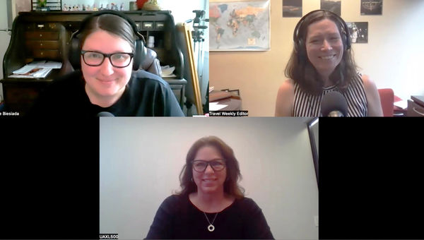 Clockwise from top left: Jamie Biesiada and Rebecca Tobin of Travel Weekly with Global Travel Collection president Angie Licea on the Folo by Travel Weekly podcast. Clockwise from top left: Jamie Biesiada and Rebecca Tobin of Travel Weekly with Global Travel Collection president Angie Licea on the Folo by Travel Weekly podcast.