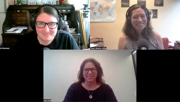 Clockwise from top left: Jamie Biesiada and Rebecca Tobin of Travel Weekly with Global Travel Collection president Angie Licea on the Folo by Travel Weekly podcast.